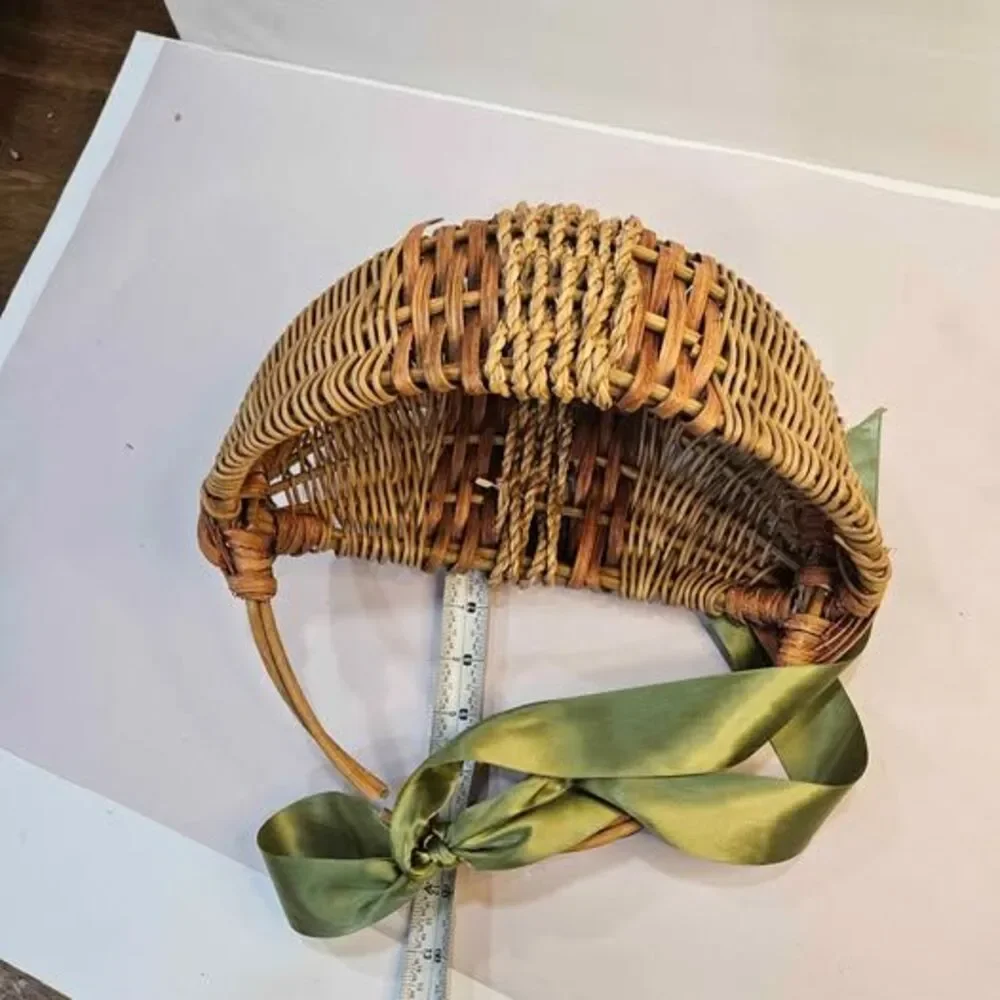 Wicker Basket with Green Ribbon, Broken Handle. Flat side. Wall decor